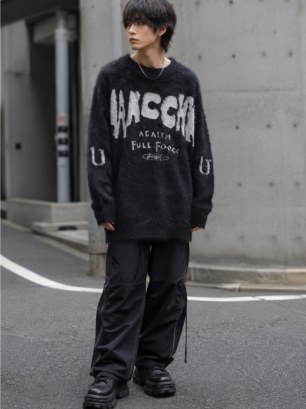 Japanese Streetwear Shaggy Graphic Sweater Oversized Unisex Black